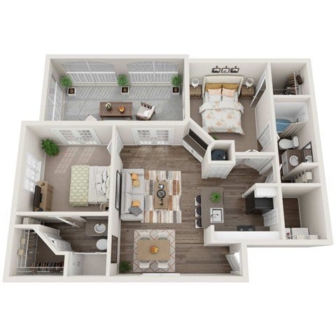 A 3D floor plan of a house with a living room, kitchen, dining room, and bedrooms.