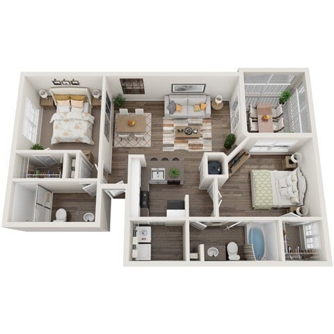 A top-down view of a small apartment layout with a kitchen, living room, and bedroom.