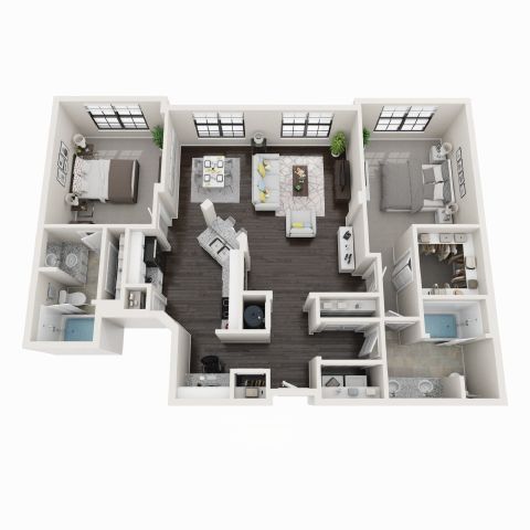 A 3D floor plan of a house with a kitchen, living room, and two bedrooms.