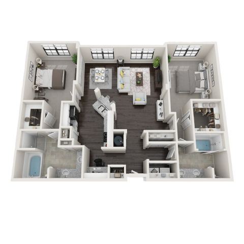 A top-down view of a small apartment with a kitchen, living room, and two bedrooms.