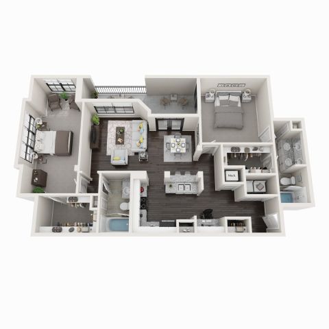 A 3D floor plan of a house showing a kitchen, living room, dining room, and two bedrooms.