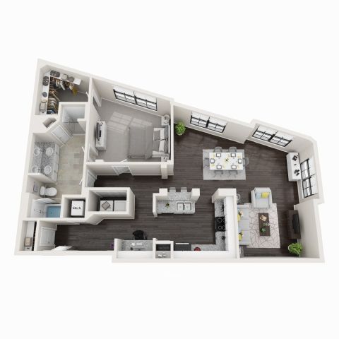 A 3D floor plan of a house with a kitchen, living room, and two bedrooms.