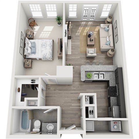 A top-down view of a small apartment with a bedroom, living room, kitchen, and bathroom.