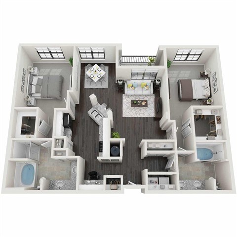 A 3D floor plan of a small apartment with a kitchen, living room, and bathroom.