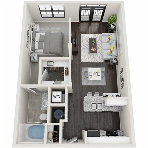 A floor plan of a small apartment with a bedroom, bathroom, and living room.