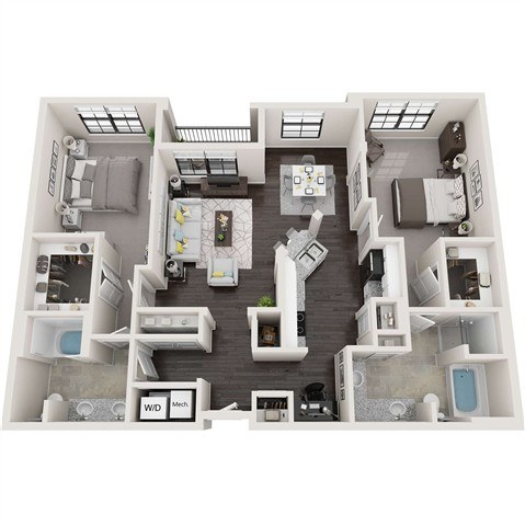 A floor plan of a house with a living room, dining room, kitchen, and bathrooms.