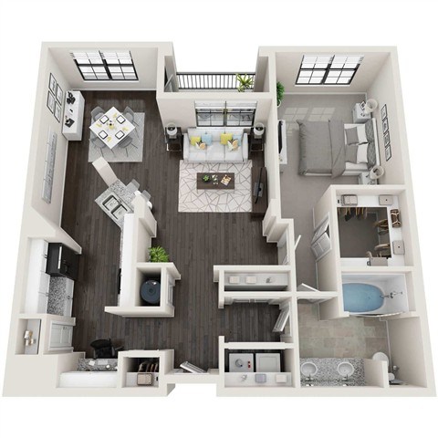 A 3D floor plan of a small apartment with a kitchen, living room, and bathroom.