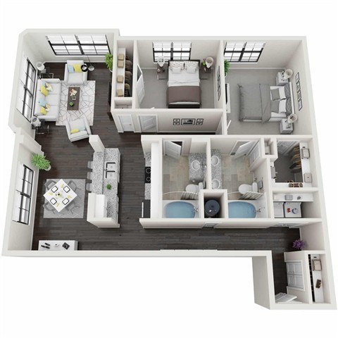 A 3D floor plan of a house with a kitchen, living room, and bedrooms.