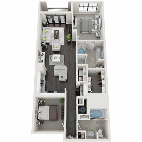 A floor plan of a small apartment with a kitchen, living room, and bathroom.