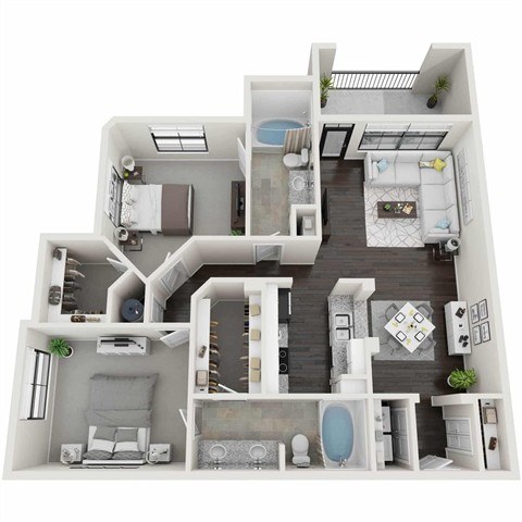 A 3D floor plan of a house with multiple rooms and furniture.