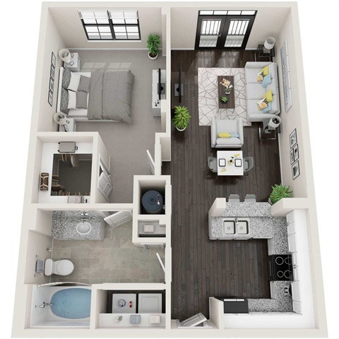 A top-down view of a small apartment with a bedroom, living room, kitchen, and bathroom.
