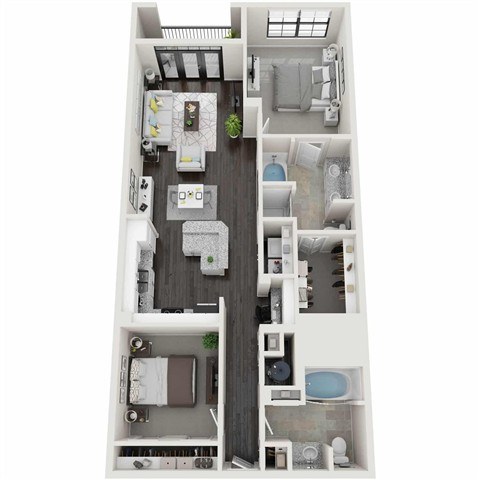 A floor plan of a small apartment with a kitchen, living room, and bathroom.