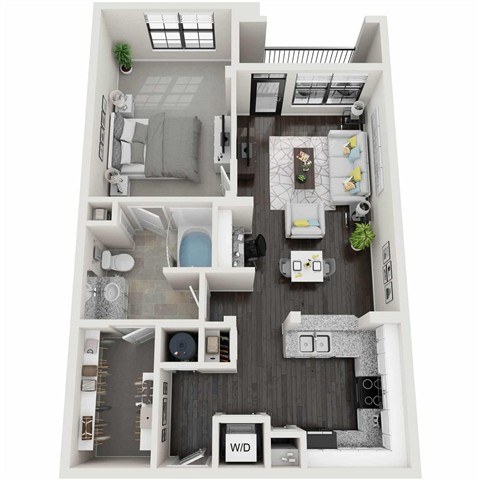 A 3D floor plan of a small apartment with a living room, kitchen, and bedroom.