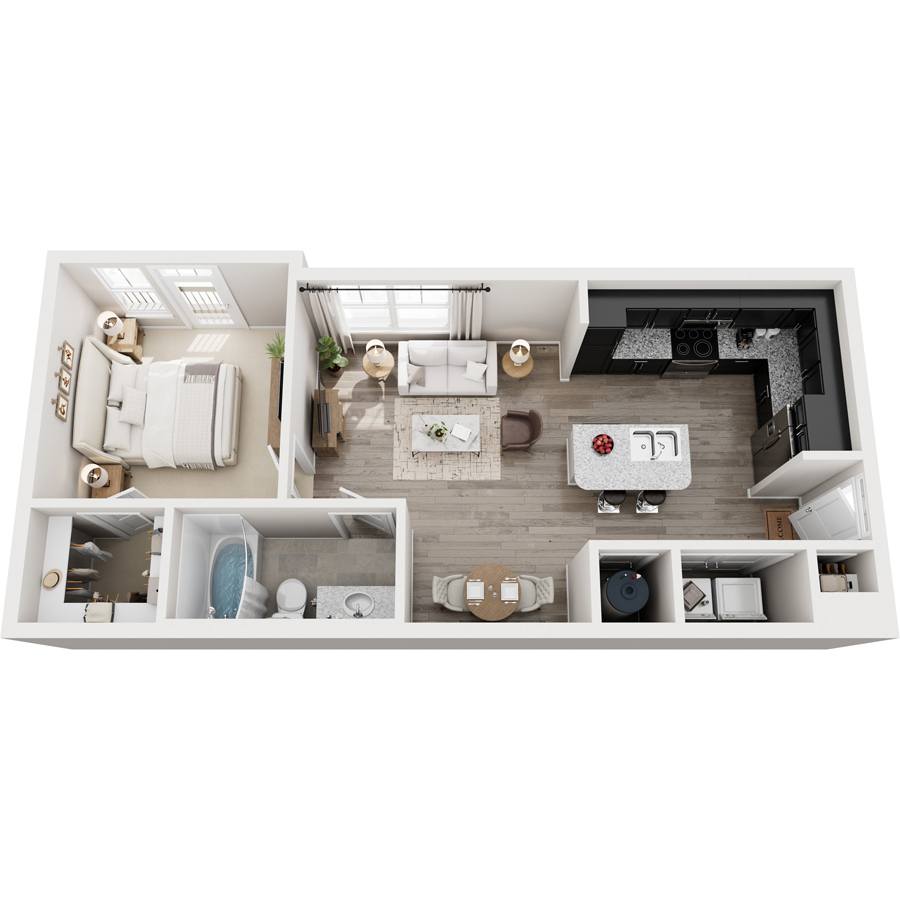 A top-down view of a small apartment with a kitchen, living room, and bathroom.