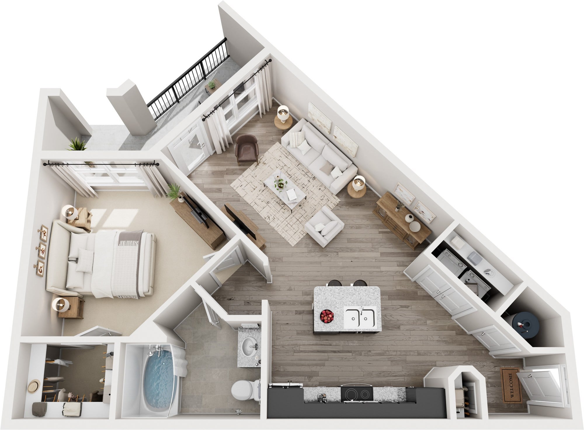 A 3D floor plan of a house with a kitchen, living room, and bathroom.
