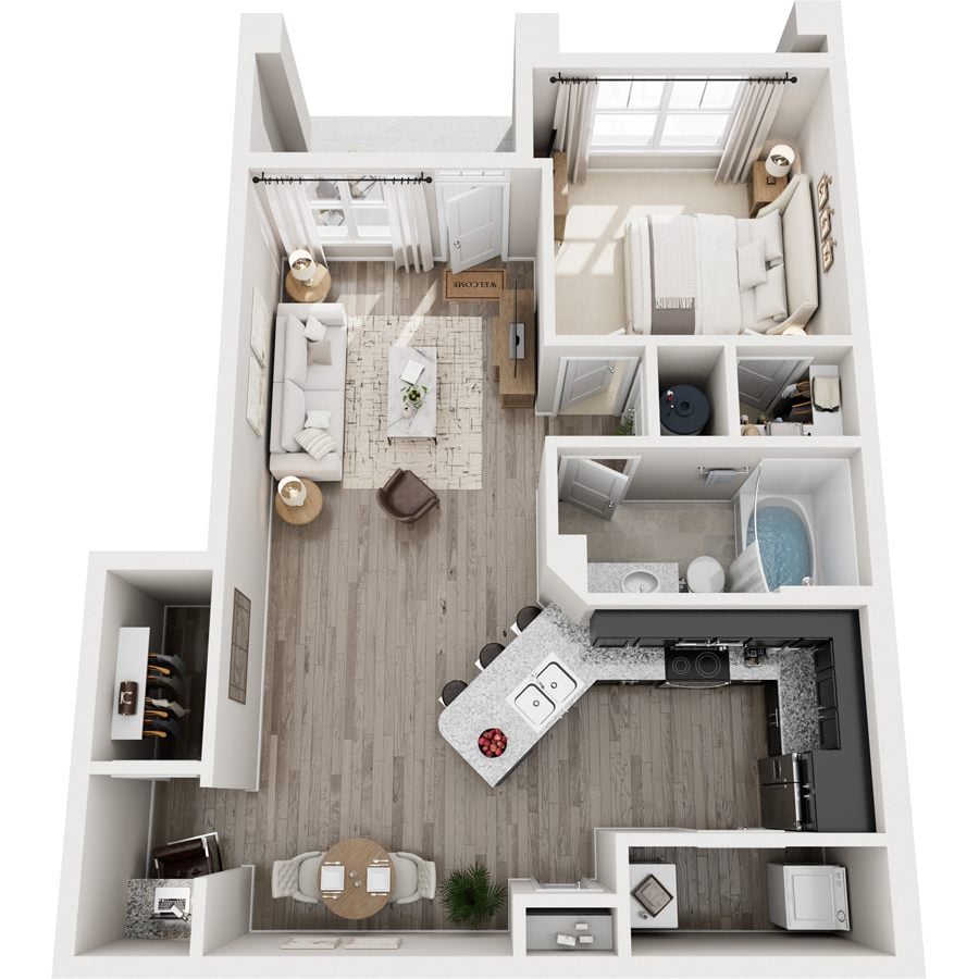 A top-down view of a small, neatly organized apartment with a kitchen, living room, and bathroom.
