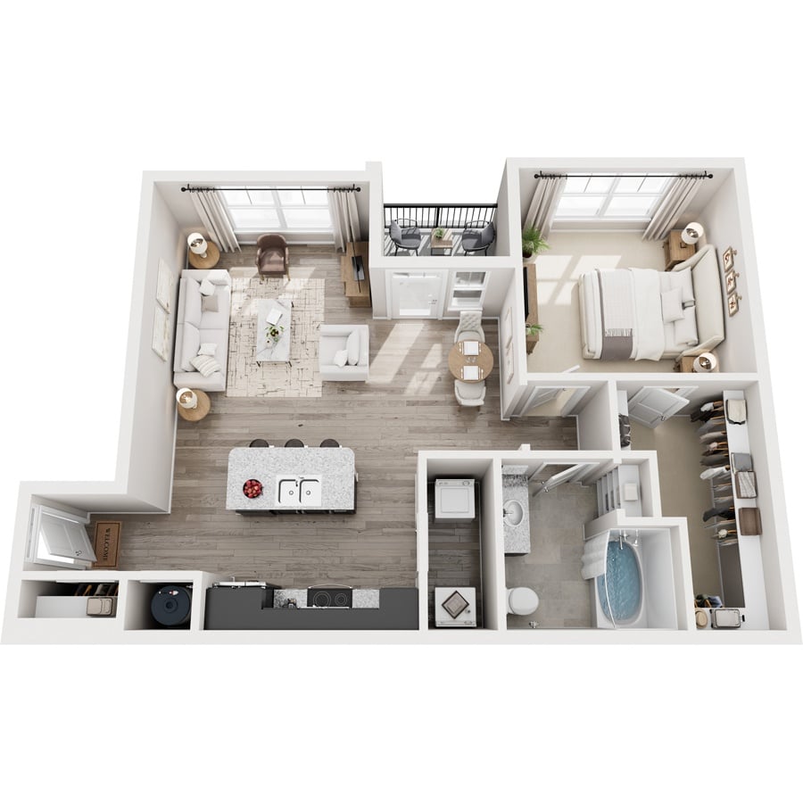 A top-down view of a modern, open-plan apartment with a kitchen, living room, and bedrooms.