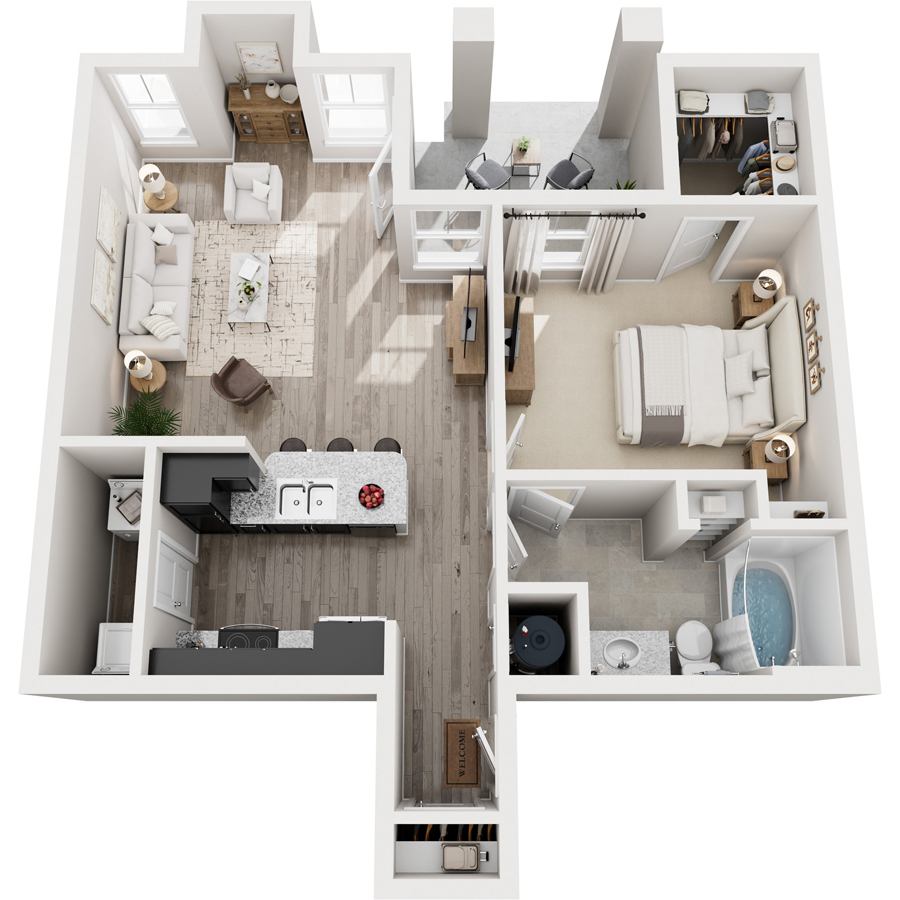 A top-down view of a modern apartment layout with a central hallway.