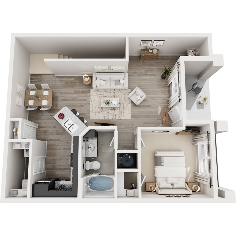 A 3D rendered image of a small apartment layout.