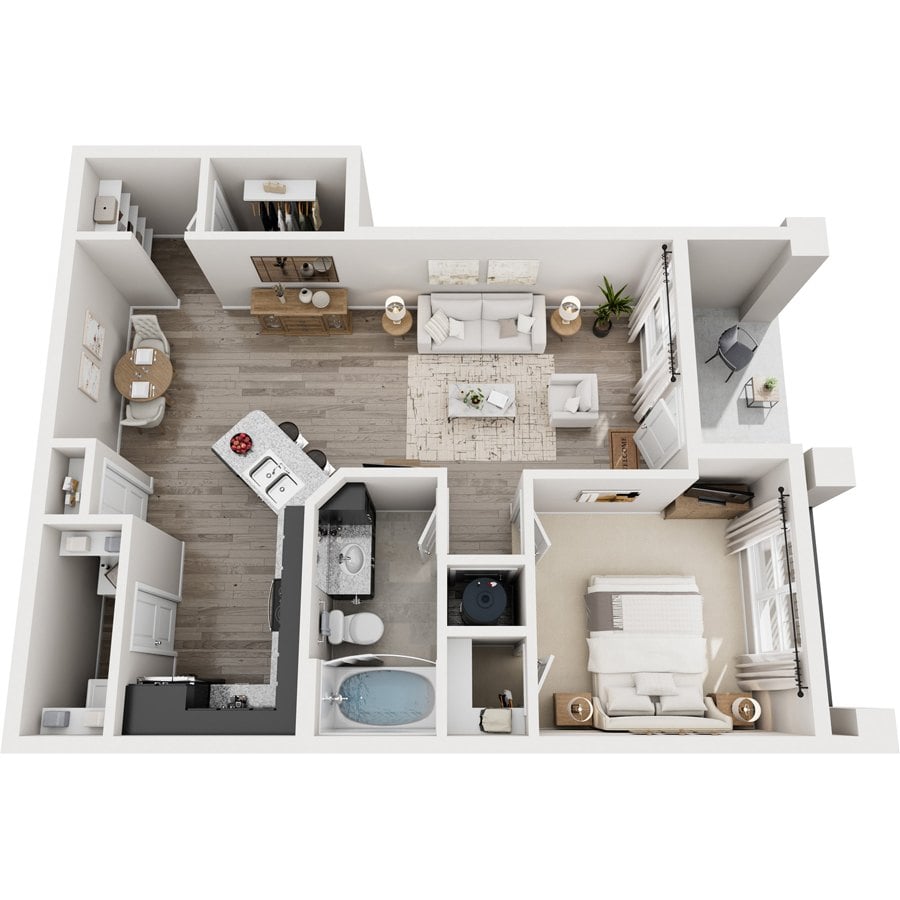 A 3D floor plan of a small apartment with a kitchen, living room, and bathroom.