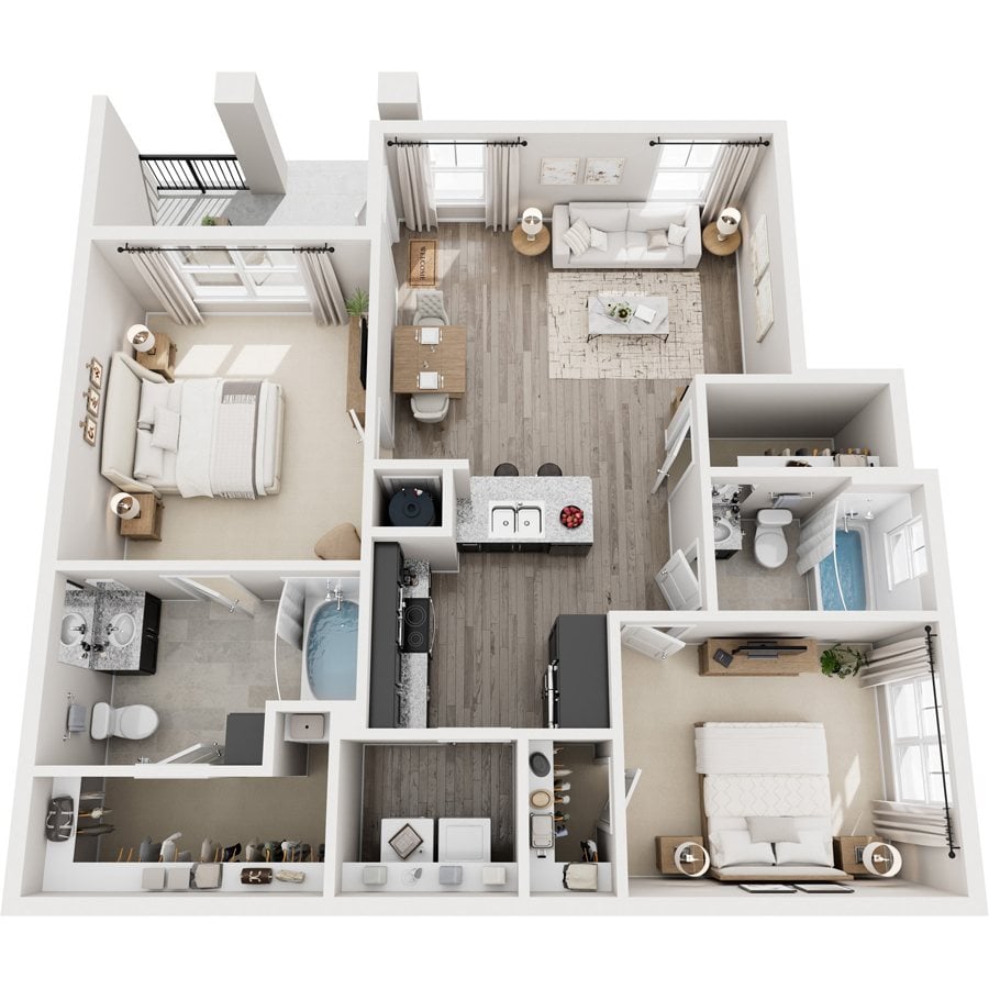 A top-down view of a modern, well-organized apartment with a kitchen, living room, and bedrooms.