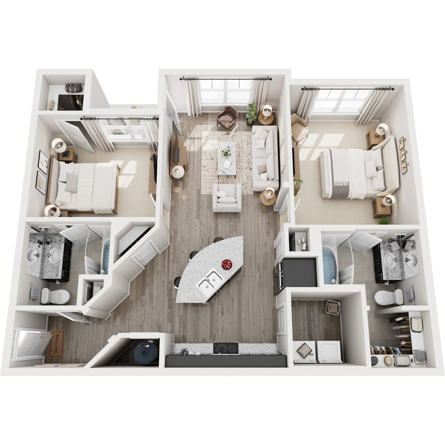 A top-down view of a modern apartment layout with a central living area, two bedrooms, a kitchen, and a bathroom.