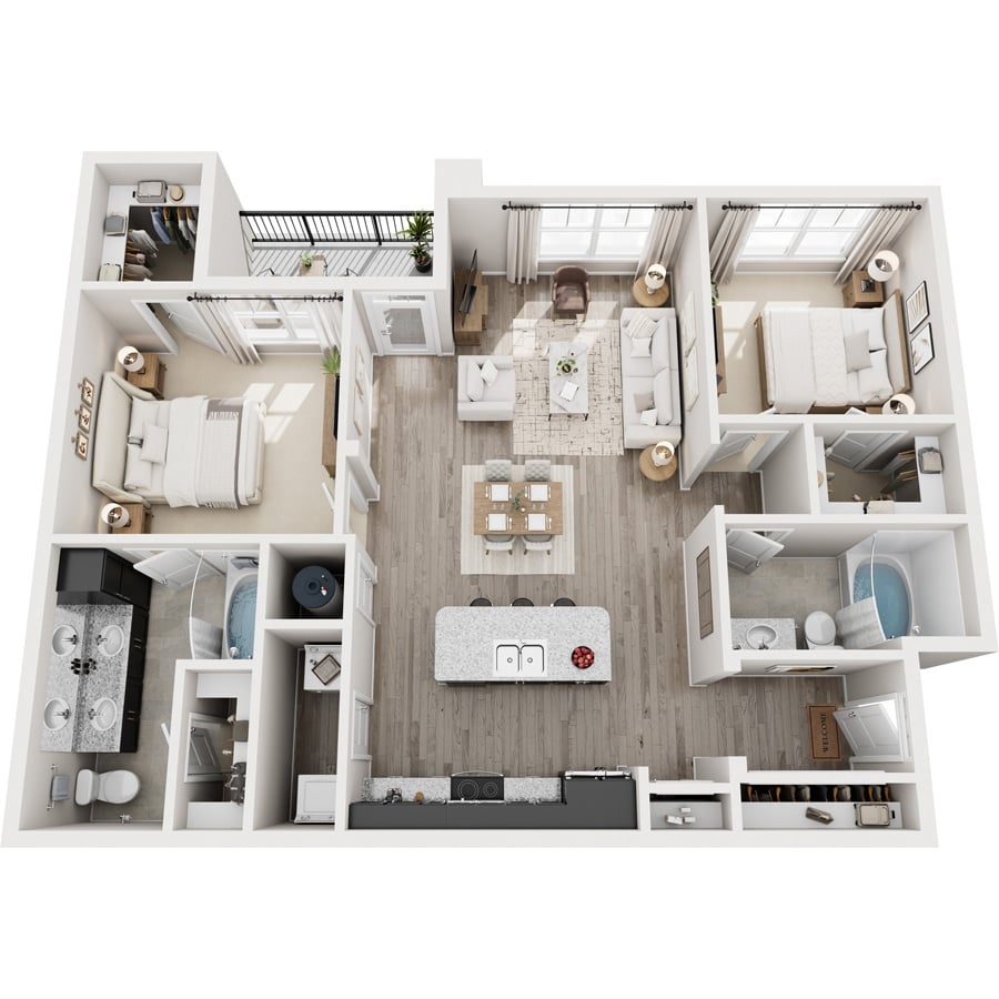 A top-down view of a modern apartment layout.