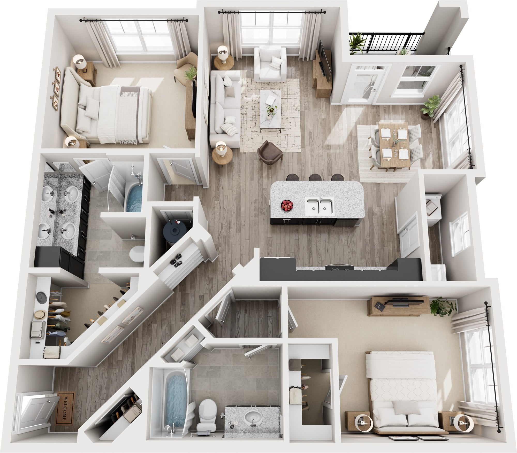 A top-down view of a modern, open-plan apartment layout.