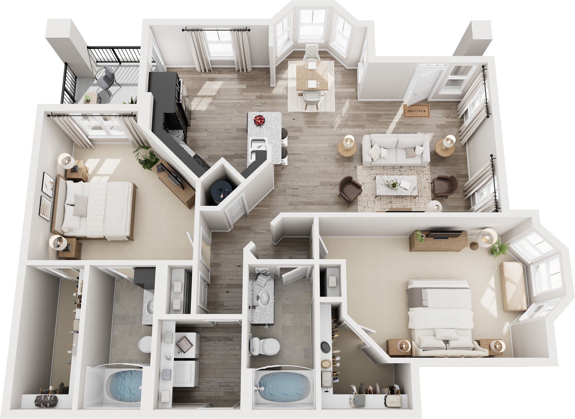 A 3D floor plan of a house with multiple rooms and bathrooms.