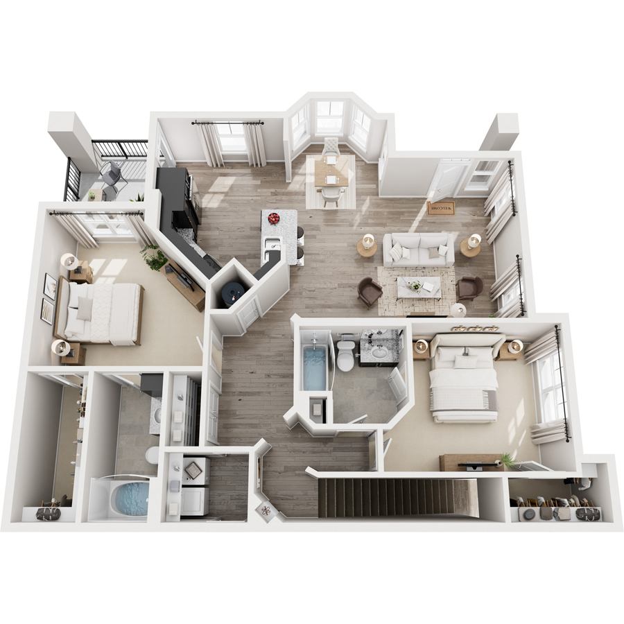 A top down view of a house interior with a kitchen, living room, and bathroom.