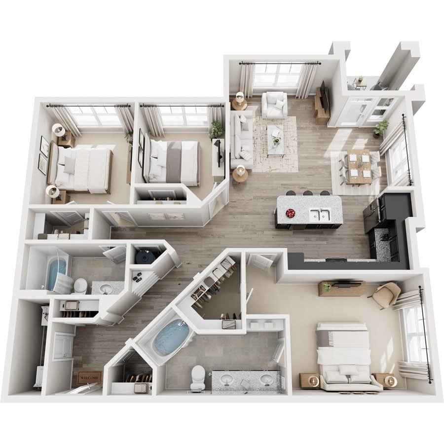 A top-down view of a modern, minimalist apartment layout.