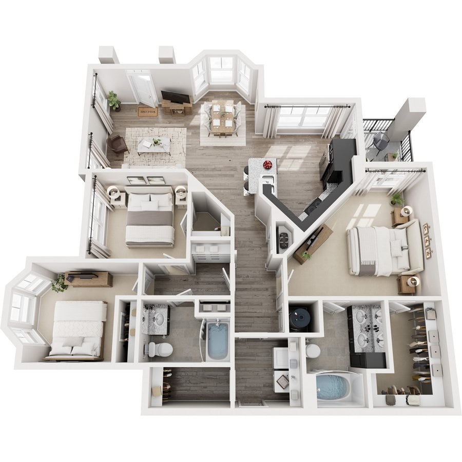 A top-down view of a multi-level home interior with various rooms and furniture.