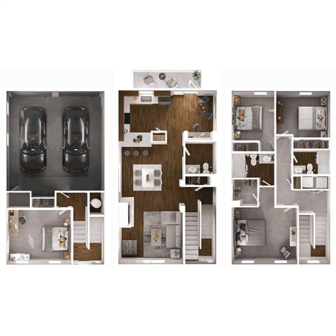 A set of three images showing a floor plan of a house with a car parked in the garage.