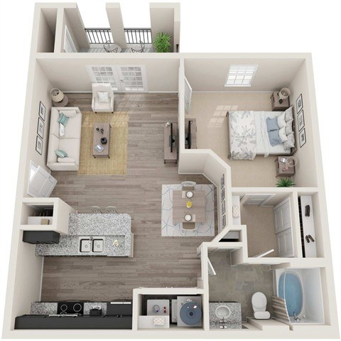 A 3D floor plan of a small apartment with a bedroom, living room, kitchen, and bathroom.