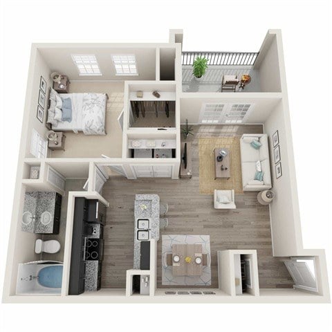 A top-down view of a small, neatly organized apartment with a bedroom, living room, kitchen, and bathroom.