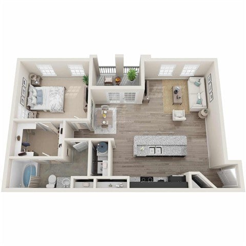 A top-down view of a small apartment with a bedroom, living room, and kitchen.