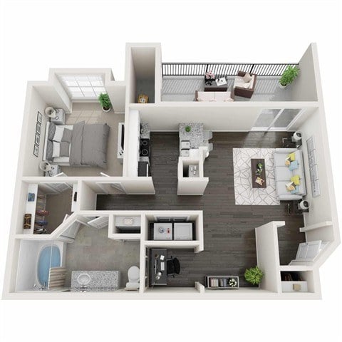 A 3D floor plan of a small apartment with a kitchen, living room, and bedroom.