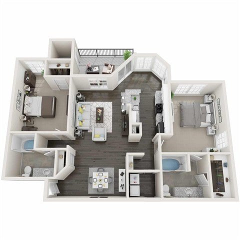 A top-down view of a house interior with a kitchen, living room, and two bedrooms.