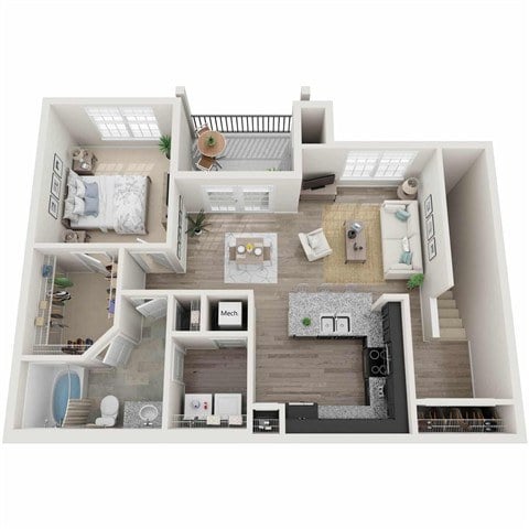 A 3D floor plan of a small apartment with a kitchen, living room, and bedroom.