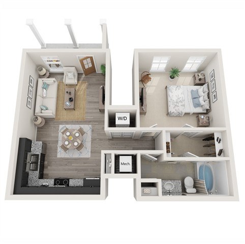 A 3D floor plan of a small apartment with a living room, kitchen, and bedrooms.