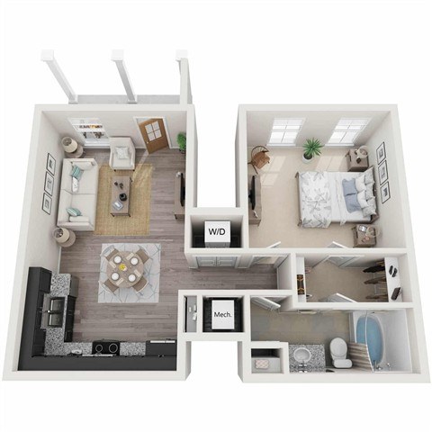 A floor plan of a two-bedroom apartment with a living room, kitchen, and bathroom.