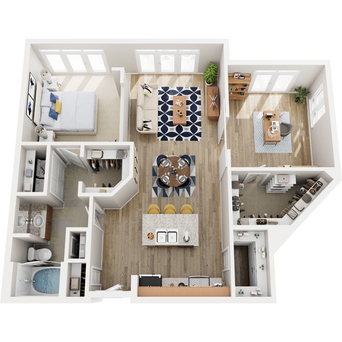 A top-down view of a modern apartment with a kitchen, living room, and bathroom.