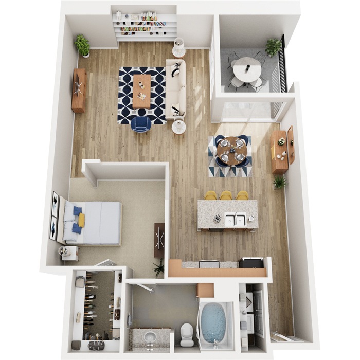 A top-down view of a small apartment with a kitchen, living room, and bathroom.