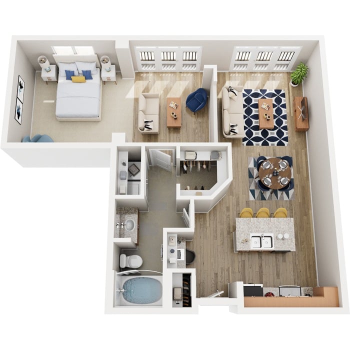 A top-down view of a small apartment with a bedroom, living room, kitchen, and bathroom.
