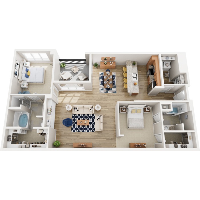 A top-down view of a small apartment with a kitchen, living room, and bedrooms.