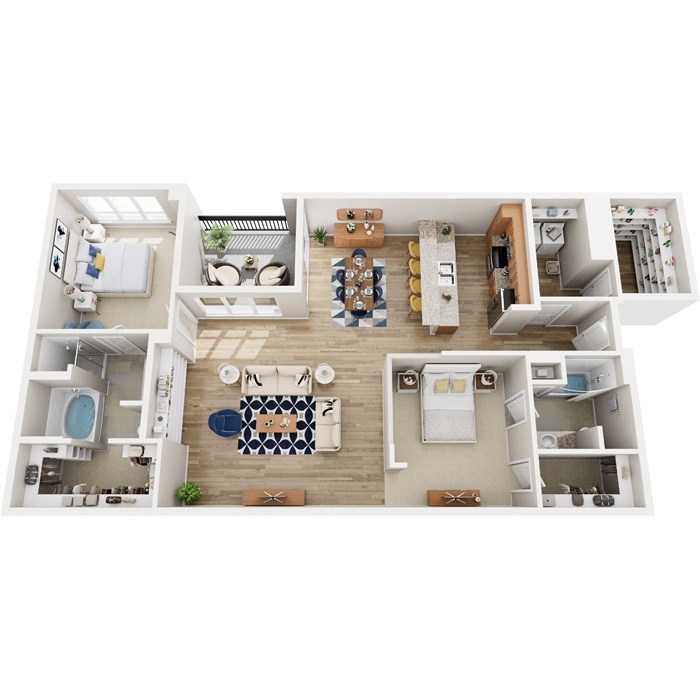 A 3D floor plan of a house showing a kitchen, living room, dining room, and bedrooms.
