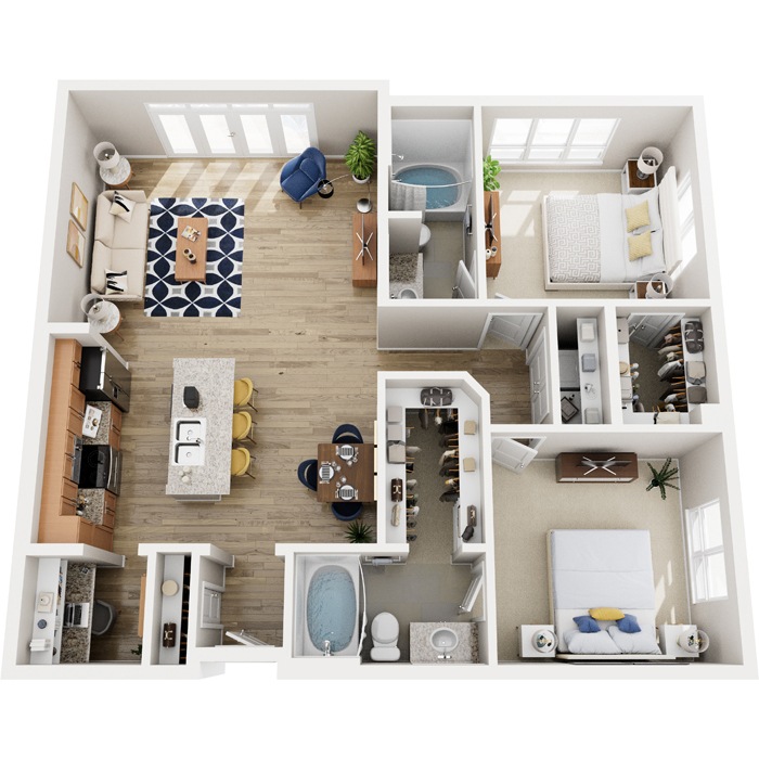 A top-down view of a small apartment with a kitchen, living room, and bathroom.