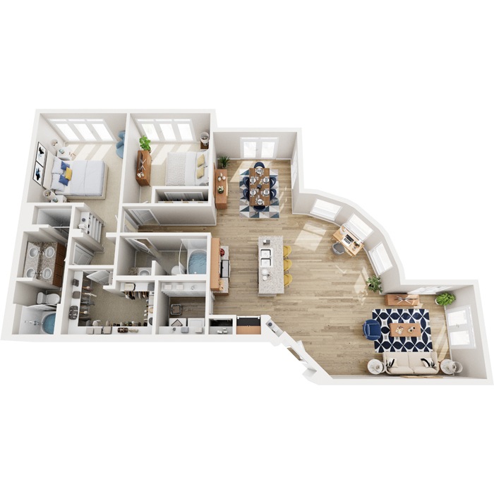 A top-down view of a modern apartment layout with a kitchen, living room, and bedrooms.