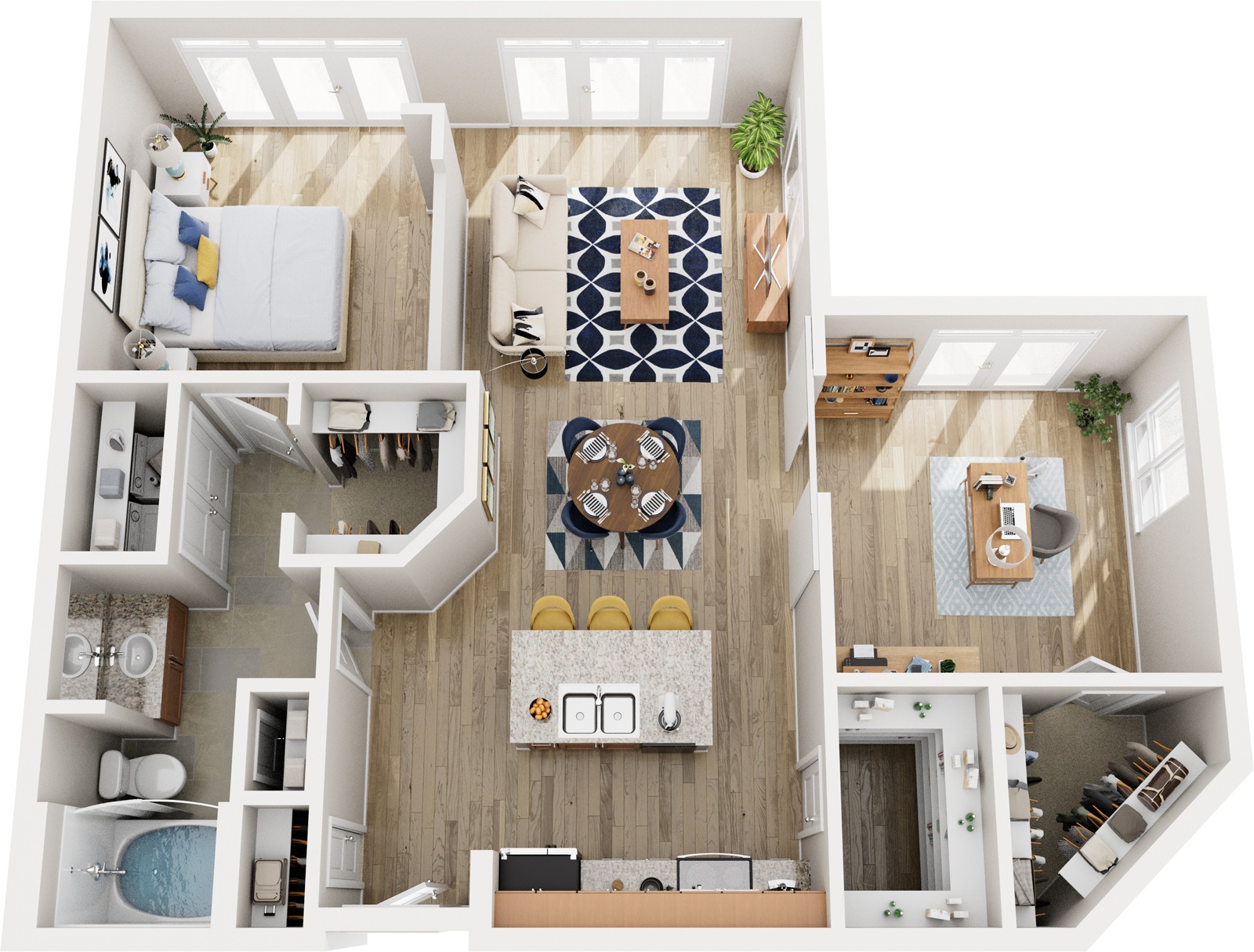 A top-down view of a small apartment with a kitchen, living room, and bathroom.