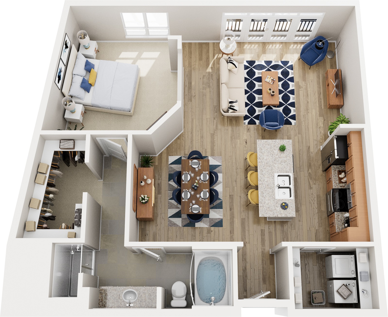 A top-down view of a small apartment with a kitchen, living room, and bathroom.